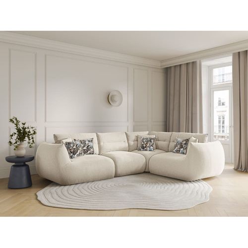 Canapé D'angle Droit Modulable 5 Places Tissu Structurel Ivoire