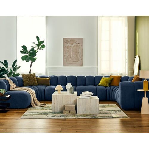 Canapé Modulable 7 Places Angle Gauche En Tissu Texturé Bleu