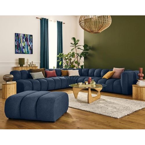 Canapé Modulable 5 Places Angle Gauche En Tissu Texturé Bleu