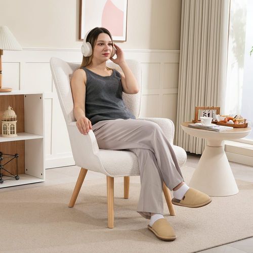 Fauteuil De Salon Pieds En Bois Tissu Bouclette Beige