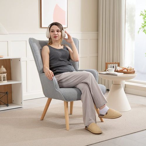 Fauteuil De Salon Pieds En Bois Tissu Bouclette Gris Clair