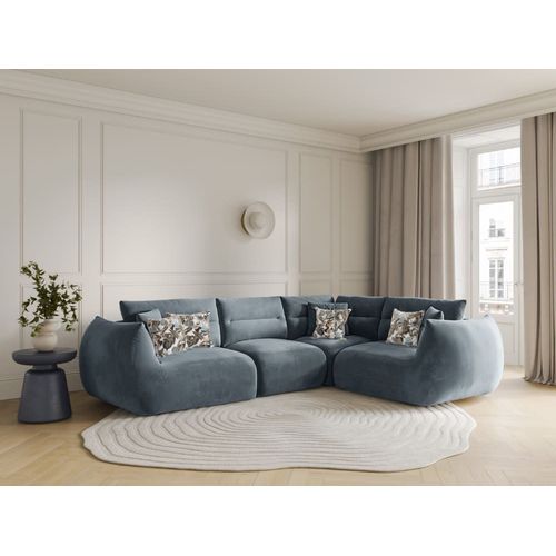 Canapé D'angle Droit 5 Places En Velours Bleu Gris