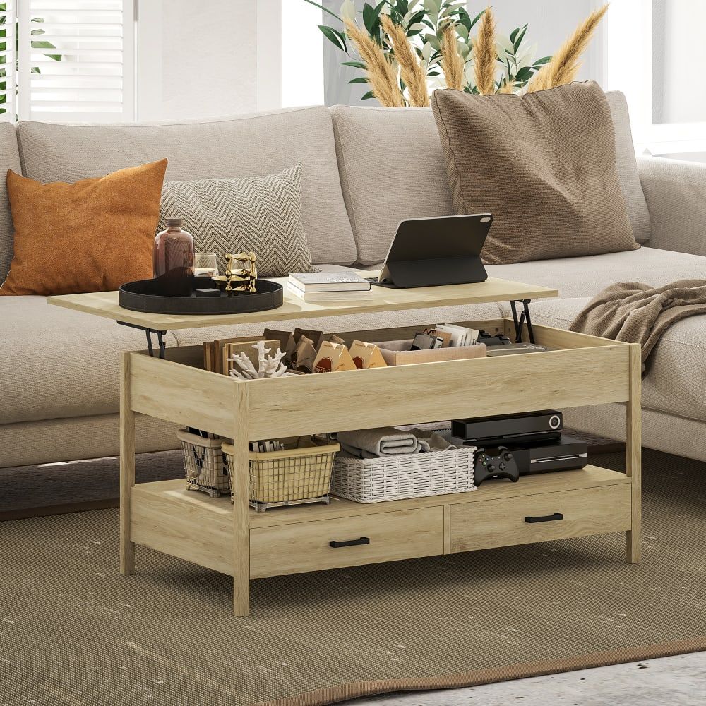 Table Basse Plateau Relevable Rectangulaire Avec Tiroirs Ch�ne Clair