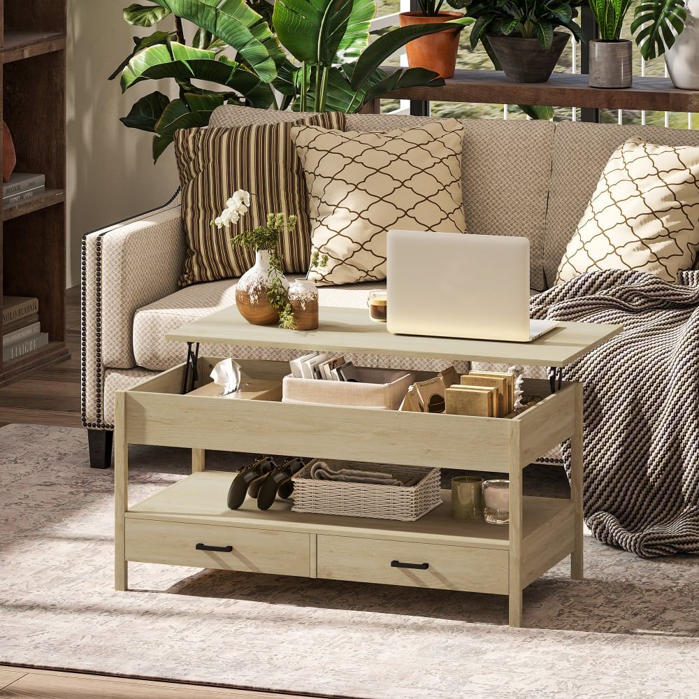 Table Basse Plateau Relevable Rectangulaire Avec Tiroirs Ch�ne Clair - 2