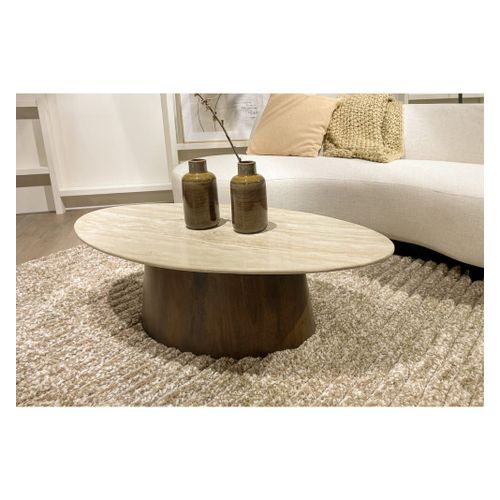 Table Basse Ovale 120 X 65 Cm,Travertin Et Manguier Teinté Noyer