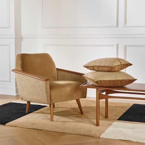Fauteuil En Hévéa Et Tissu Tweed Jaune Moutarde