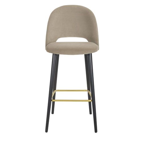 Chaise De Bar En Velours Beige Cappuccino Et Pieds En Bois De Frêne Noir Et Acier Doré H82