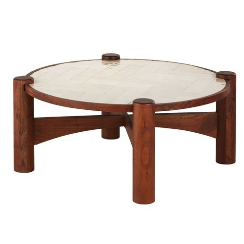 Table Basse Ronde En Bois D'acacia Et Céramique Écrue Effet Zellige D100