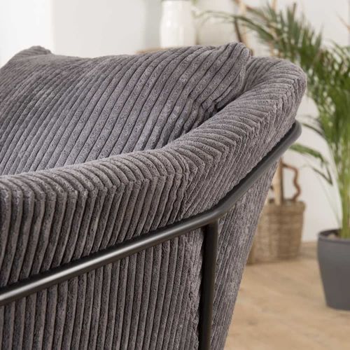 Fauteuil En Tissu Velours Cotelé Gris Anthracite Pieds Évasés En Métal