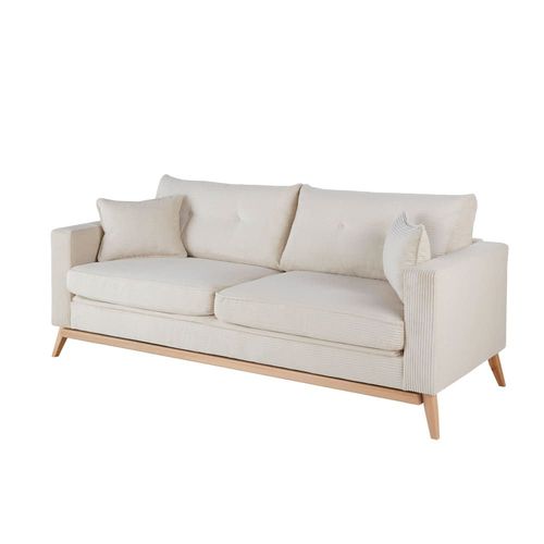 Canapé Style Scandinave 3 Places En Velours Côtelé Beige