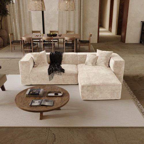 Canapé D'angle Droit 5 Places En Velours À Motifs Beige