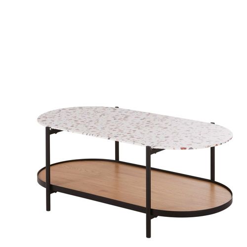 Table Basse 2 Plateaux En Verre Trempé Imitation Terrazzo, Effet Bois Clair Et Métal Noir L110