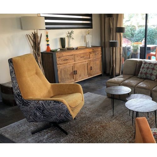 Fauteuil Rotatif En Velours Uni Ocre Et Tissu Imprimé