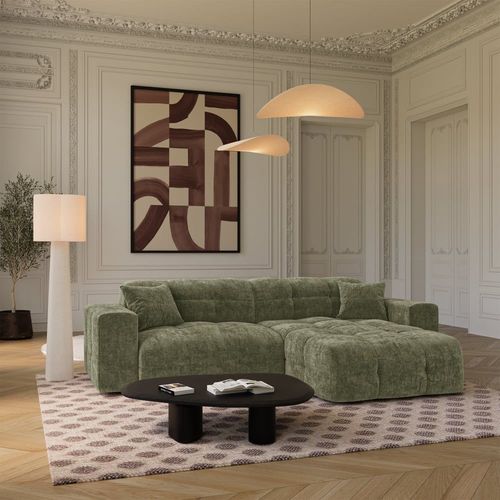Canapé Angle Droit 5 Places En Velours Gaufré Vert Vintage
