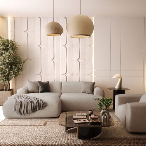 Canapé D'angle Gauche 4 Places Tissu Tramé Beige 266cm