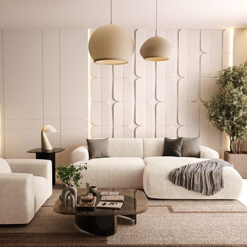 Canapé D'angle Droit 4 Places Velours À Motifs Crème 266cm