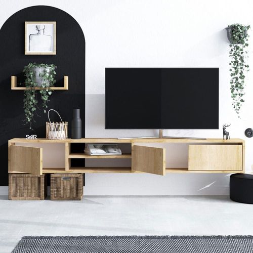 Meuble Tv Suspendu 3 Portes En Bois L180cm - Bois Clair