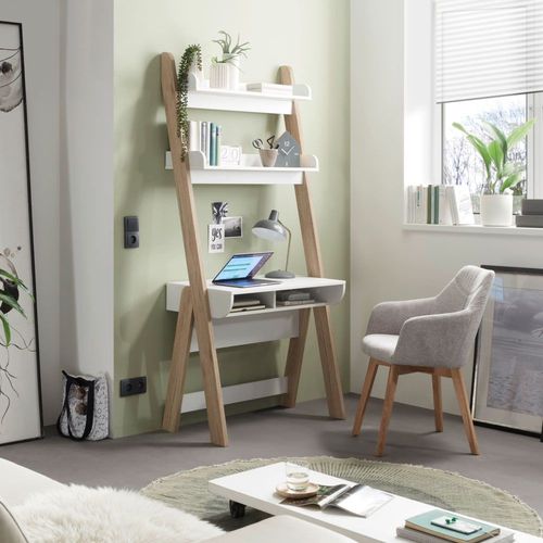 Bureau Avec 2 Étagères Et 2 Niches Effet Bois, Coloris Chêne Et Blanc
