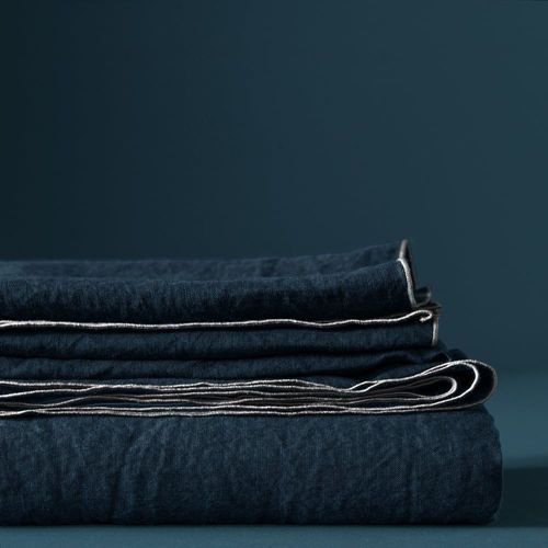 Nappe En Lin Lavé 170x350cm Bleu Nuit, Gris Clair
