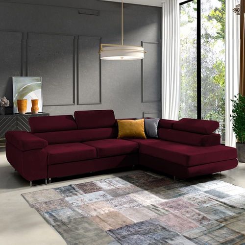 Canapé D'angle Convertible Droit 4 Places Tissu Velours Bordeaux