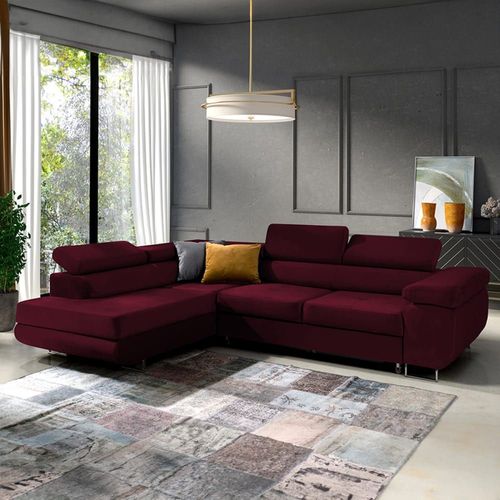 Canapé D'angle Convertible Gauche 4 Places Tissu Velours Bordeaux