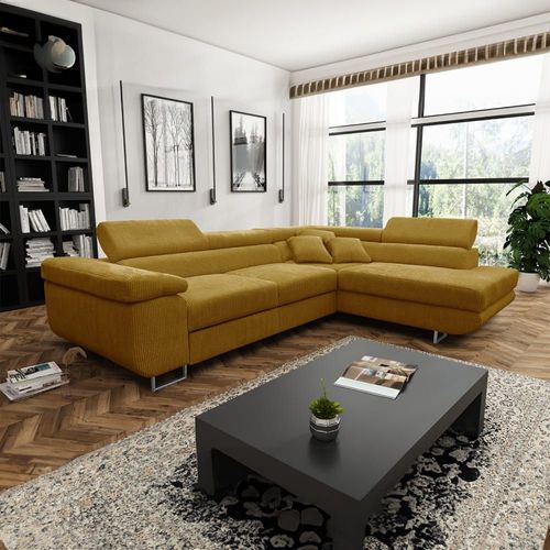 Canapé D'angle Convertible Droit 4 Places Coffre Bois De Pin Jaune