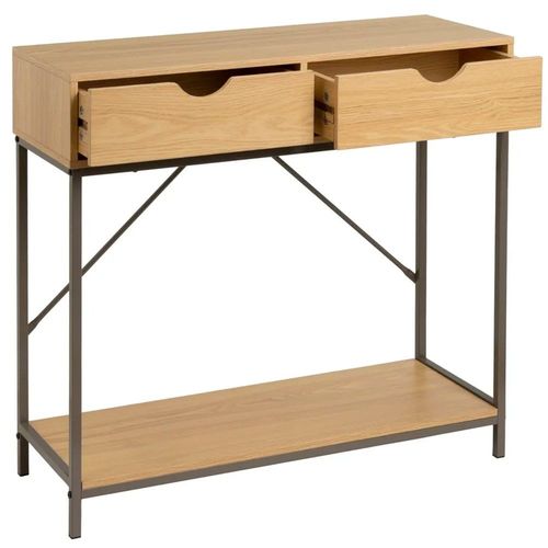 Console D'entrée Couleur Bois Naturel Et Métal Gris 2 Tiroirs 80x30x75