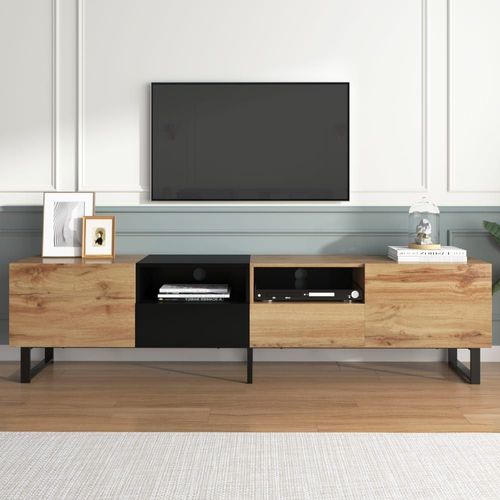 Meuble Tv Moderne Au Design Noir Et Bois Espace De Rangement