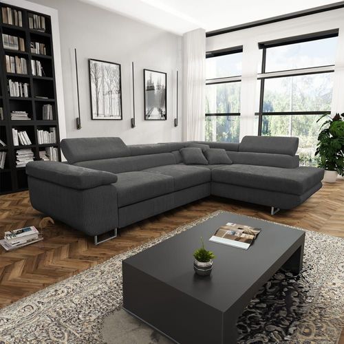 Canapé D'angle Convertible Droit 4 Places Coffre Bois De Pin Gris