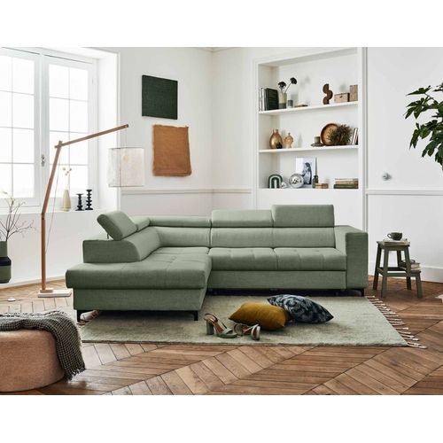 Canapé D'angle Gauche Convertible 5 Places En Tissu Vert Sauge