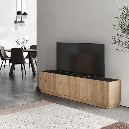 Meuble Tv 4 Portes Effet Bois Et Marbre Noir 160 Cm