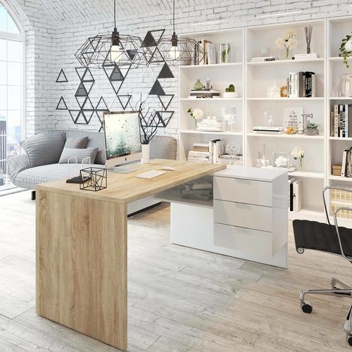 Bureau Effet Bois Beige, Blanc 145x108 Cm
