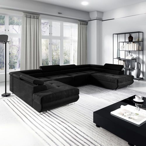 Canapé Panoramique 5 Places Convertible Tissu Noir