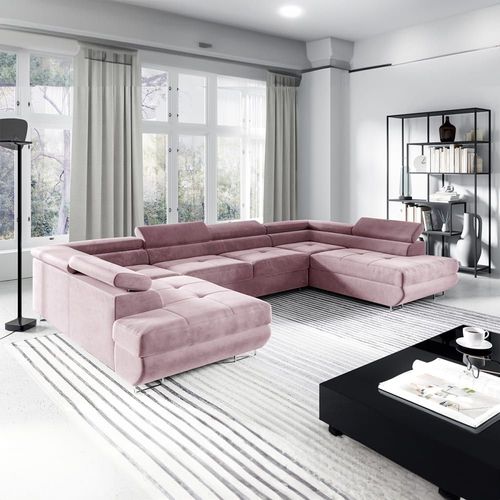 Canapé Panoramique 5 Places Convertible Tissu Rose