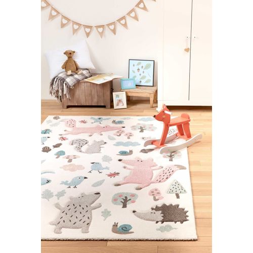 Tapis Enfant Motif Animaux Forêt Écru Rose 133x200