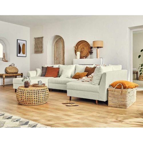 Canapé D'angle Droit 7 Places En Tissu Bouclette Beige