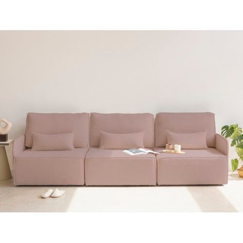 Canapé 3 Places Chaise Longue En Bouclé Et En Pin Rose Clair