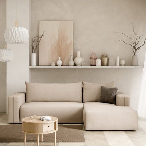 Canapé D'angle Convertible Droite 3 Places Coffre Bois De Pin Beige