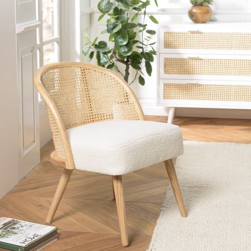 Chaise Basse Hévéa Assise Tissu Bouclette Blanc Dossier Rotin