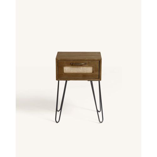 Table De Chevet En Bois De Sapin Et Raphia Couleur Marron