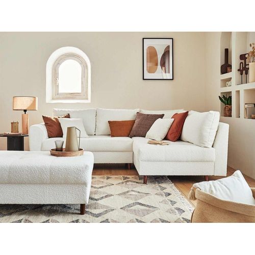 Canapé D'angle Droit Convertible 4 Places En Tissu Bouclette Blanc
