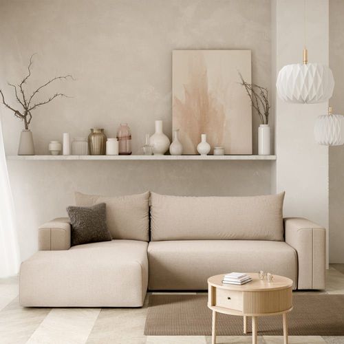 Canapé D'angle Convertible Gauche 3 Places Coffre Bois De Pin Beige