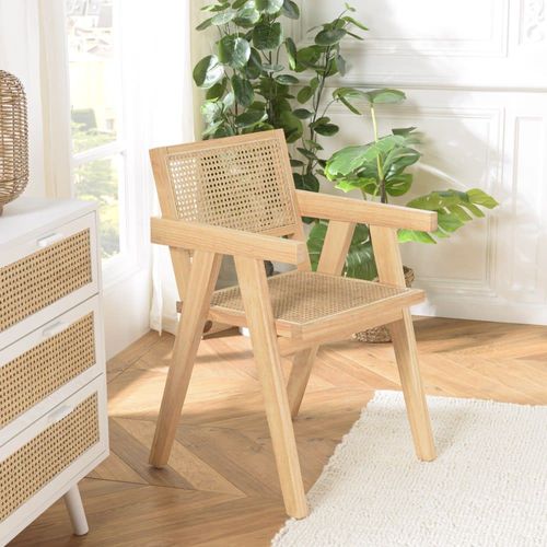Fauteuil En Bois D’Hévéa Clair Dossier Et Assise Rotin Naturel