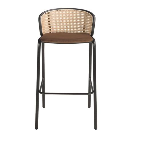 Tabouret En Velours Brun Et Rotin Marron Et Noir