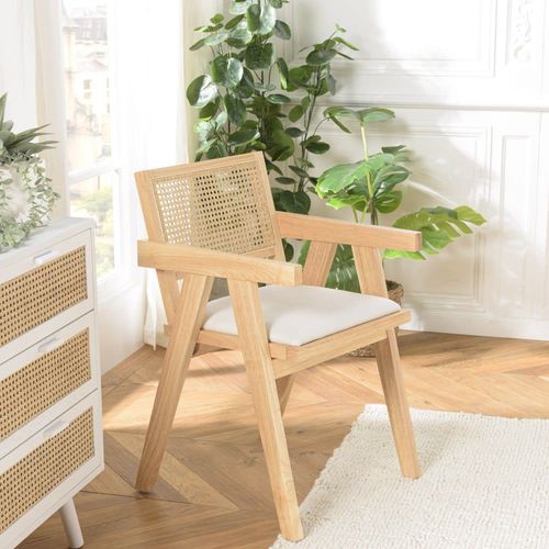 Fauteuil Bois D’Hévéa Assise Tissu Blanc Dossier Rotin Naturel