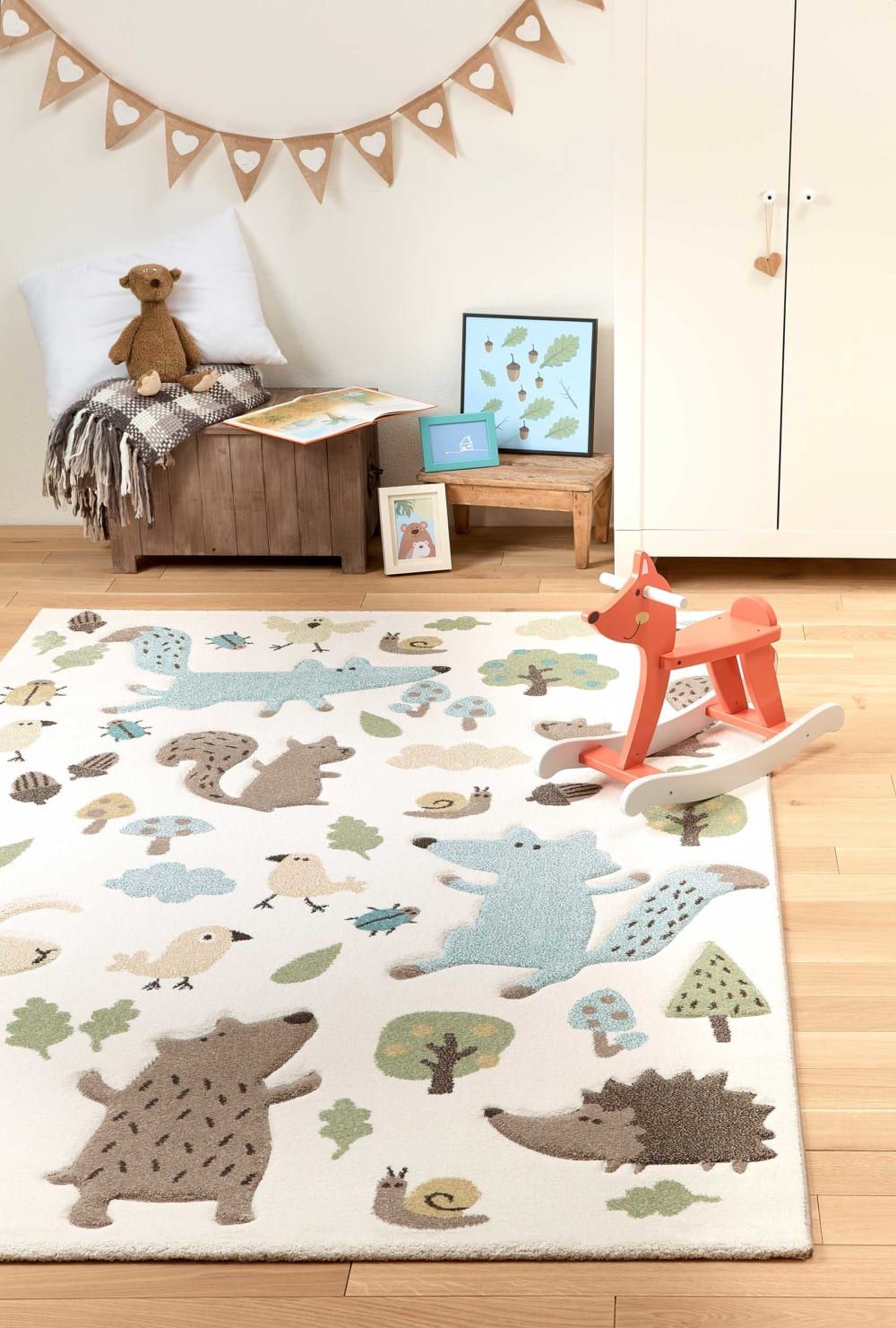 Tapis Enfant Motif Animaux Forêt Écru Bleu 80x150