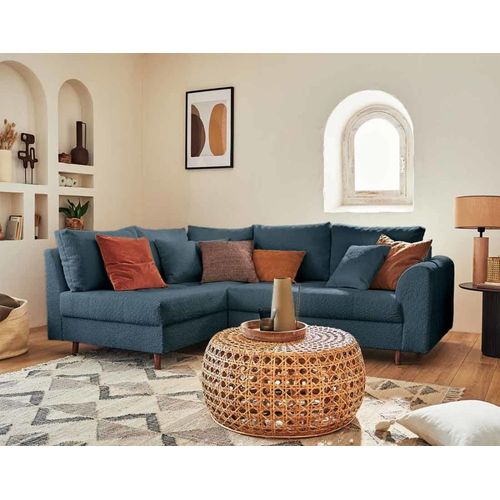 Canapé D'angle Gauche 4 Places En Tissu Bouclette Bleu Nuit