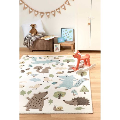 Tapis Enfant Motif Animaux Forêt Écru Bleu 200x290