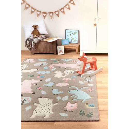 Tapis Enfant Motif Animaux Forêt Taupe 133x200