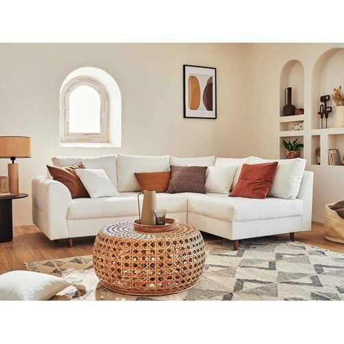 Canapé D'angle Droit 4 Places En Tissu Bouclette Blanc